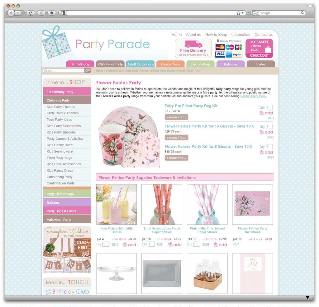 Party Parade Ecommerce Website Category Page