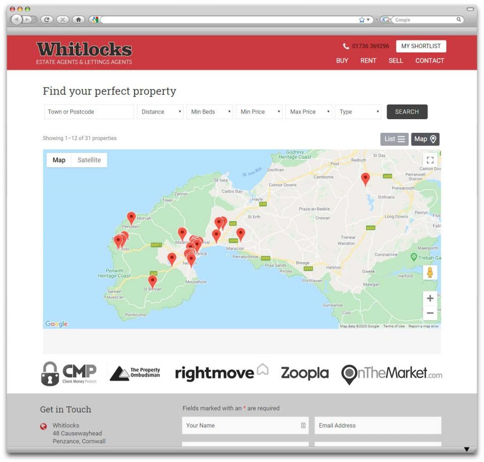 Whitlocks Estate Agents Cornwall website design